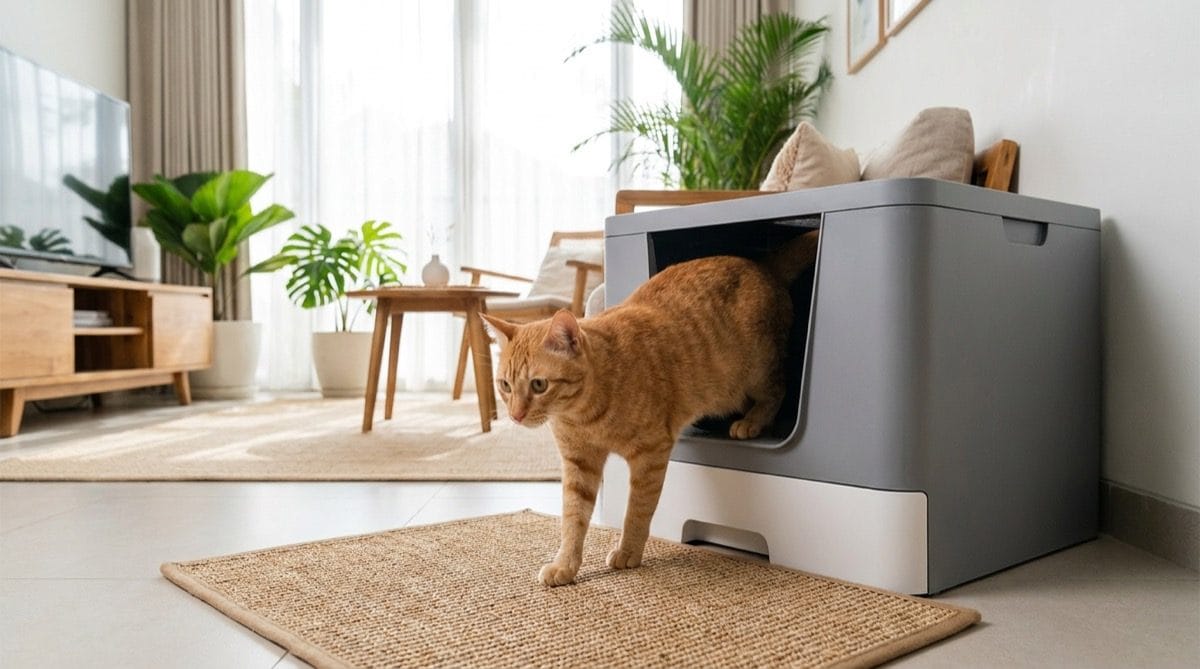 Kucing keluar dari litter box bersih di rumah terang