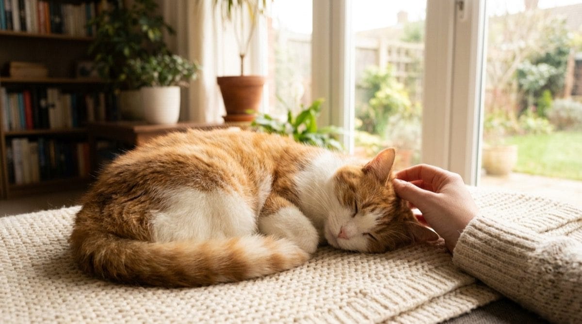Kucing beristirahat nyaman saat pemulihan di rumah