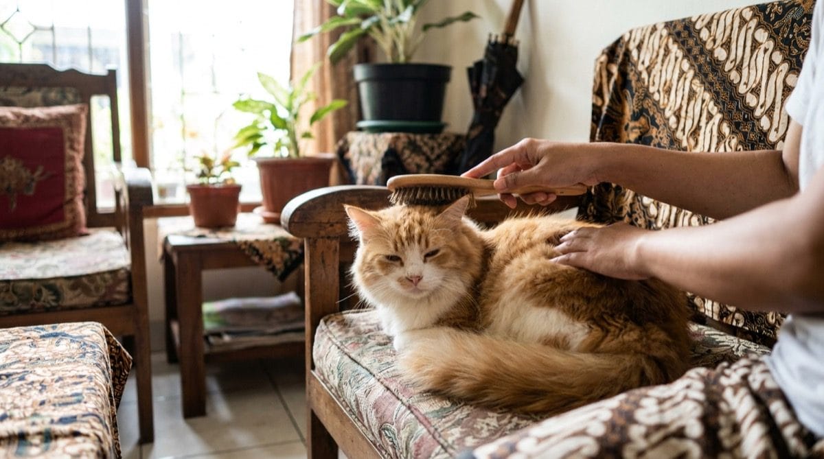 Menyisir bulu kucing dengan lembut di rumah