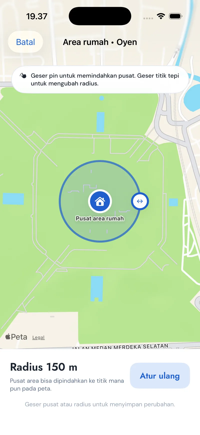 Layar Area Rumah di OnlyPets App: lingkaran area aman dengan radius 150 meter yang bisa digeser dan diubah ukurannya