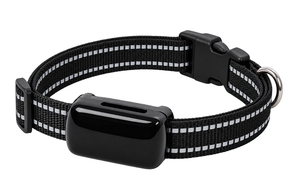 OnlyPets Smart GPS Tracker terpasang pada kalung pet