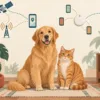 Ilustrasi anjing dan kucing dengan simbol GPS-seluler serta tag yang terhubung melalui perangkat sekitar.