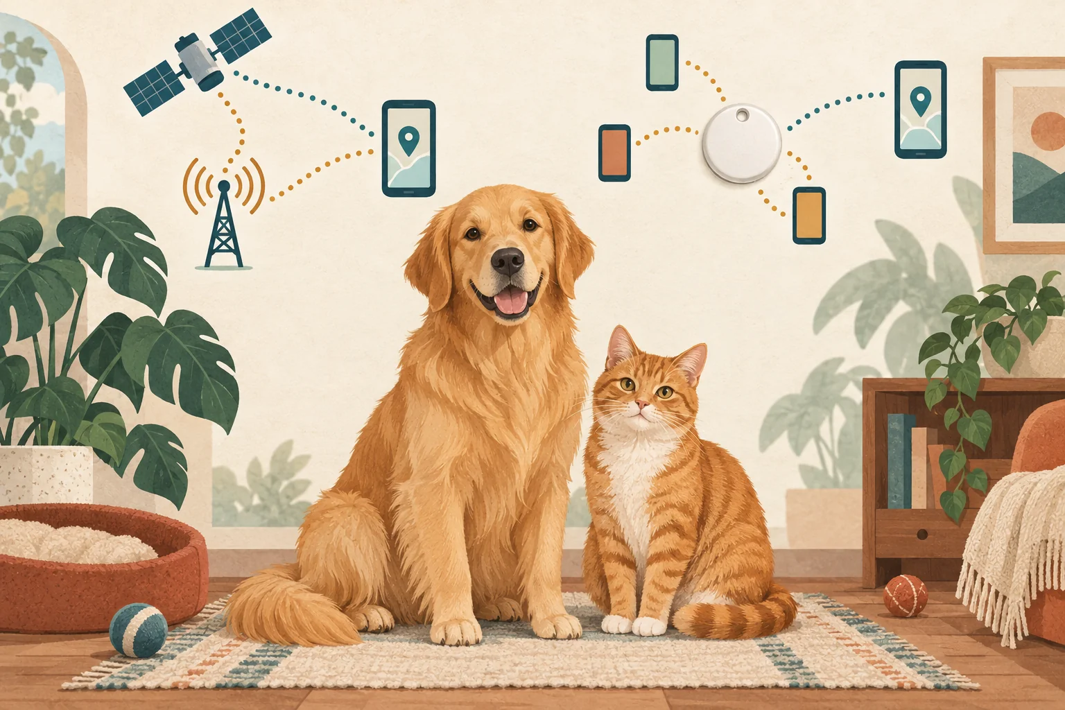 Ilustrasi anjing dan kucing dengan simbol GPS-seluler serta tag yang terhubung melalui perangkat sekitar.