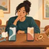 Ilustrasi pemilik membandingkan dua ponsel di meja sambil ditemani anjing di rumah.