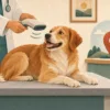 Ilustrasi dokter hewan memindai anjing, dengan simbol lokasi untuk membedakan identitas dan GPS.