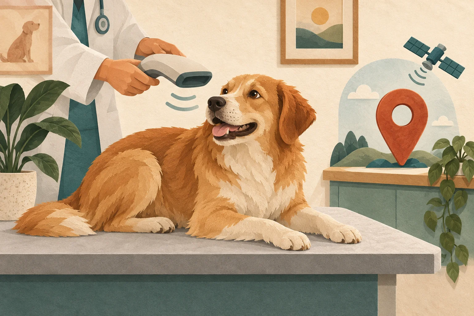 Ilustrasi dokter hewan memindai anjing, dengan simbol lokasi untuk membedakan identitas dan GPS.