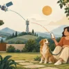Ilustrasi pemilik dan anjing bertali di taman dengan simbol satelit, menara seluler, dan ponsel.