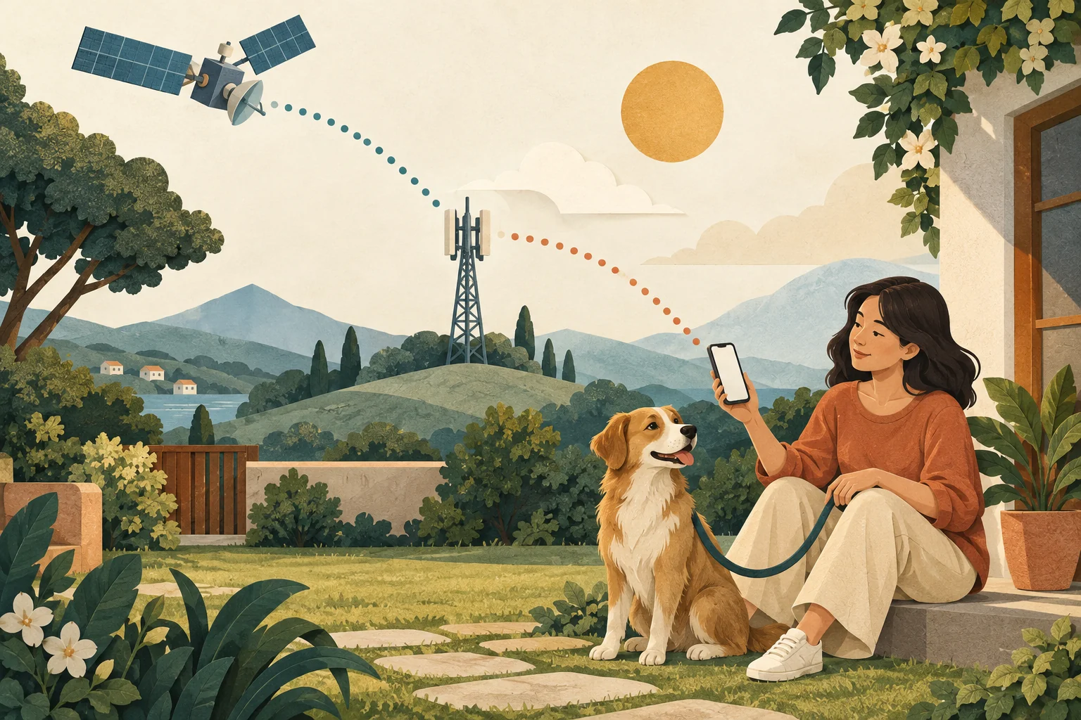 Ilustrasi pemilik dan anjing bertali di taman dengan simbol satelit, menara seluler, dan ponsel.