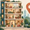 Ilustrasi potongan gedung apartemen bertingkat di samping satu penanda lokasi di peta.