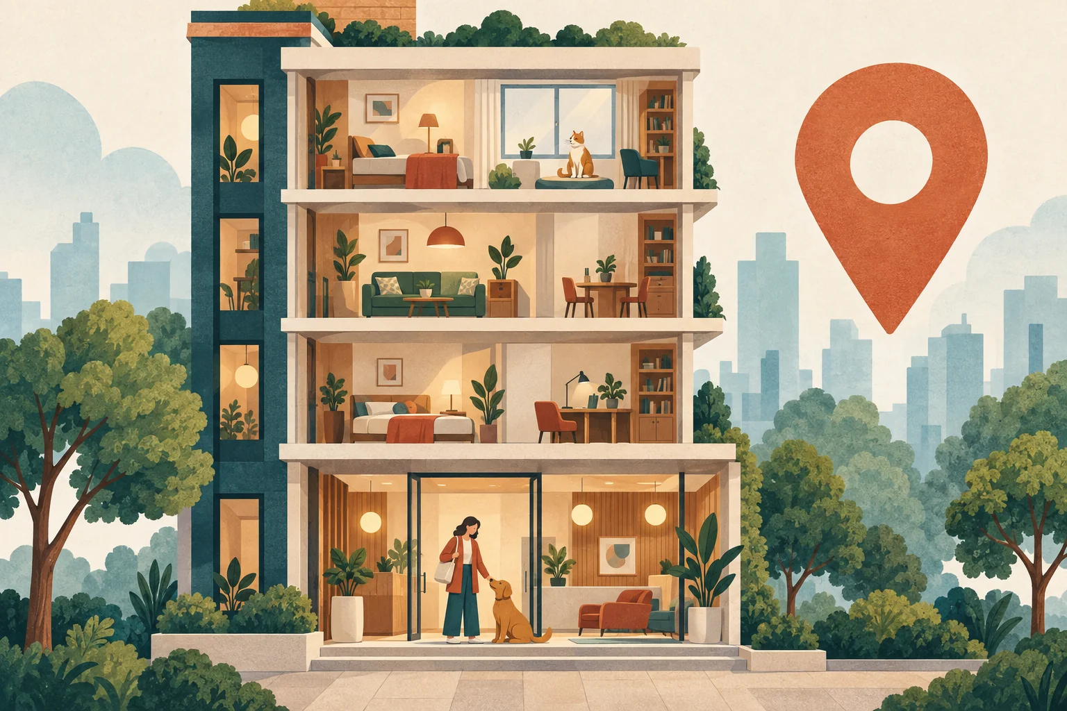 Ilustrasi potongan gedung apartemen bertingkat di samping satu penanda lokasi di peta.