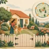 Ilustrasi rumah berpagar dengan pet dalam pengawasan, lingkaran area peta, dan simbol waktu.
