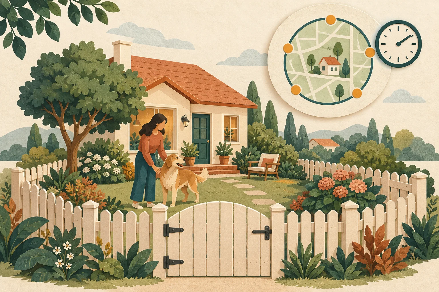 Ilustrasi rumah berpagar dengan pet dalam pengawasan, lingkaran area peta, dan simbol waktu.