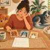 Ilustrasi pemilik mencocokkan kartu identitas tiga pet dengan checklist di rumah.