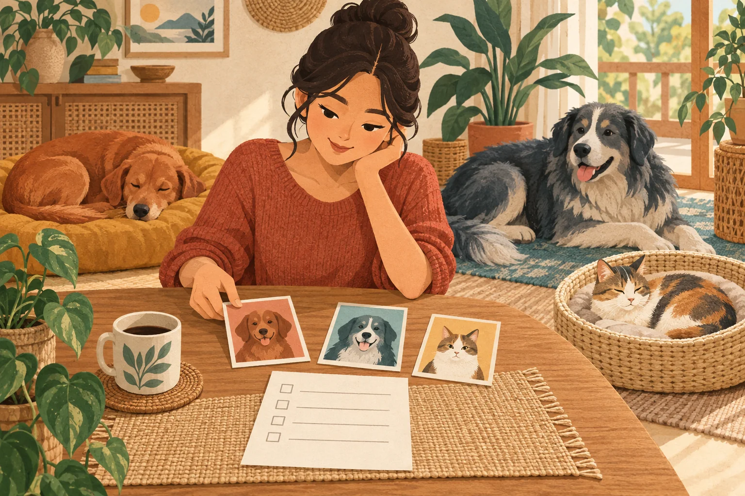 Ilustrasi pemilik mencocokkan kartu identitas tiga pet dengan checklist di rumah.