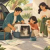 Ilustrasi keluarga menyiapkan perjalanan dengan kucing dalam carrier dan anjing bertali di dekat mobil terparkir.