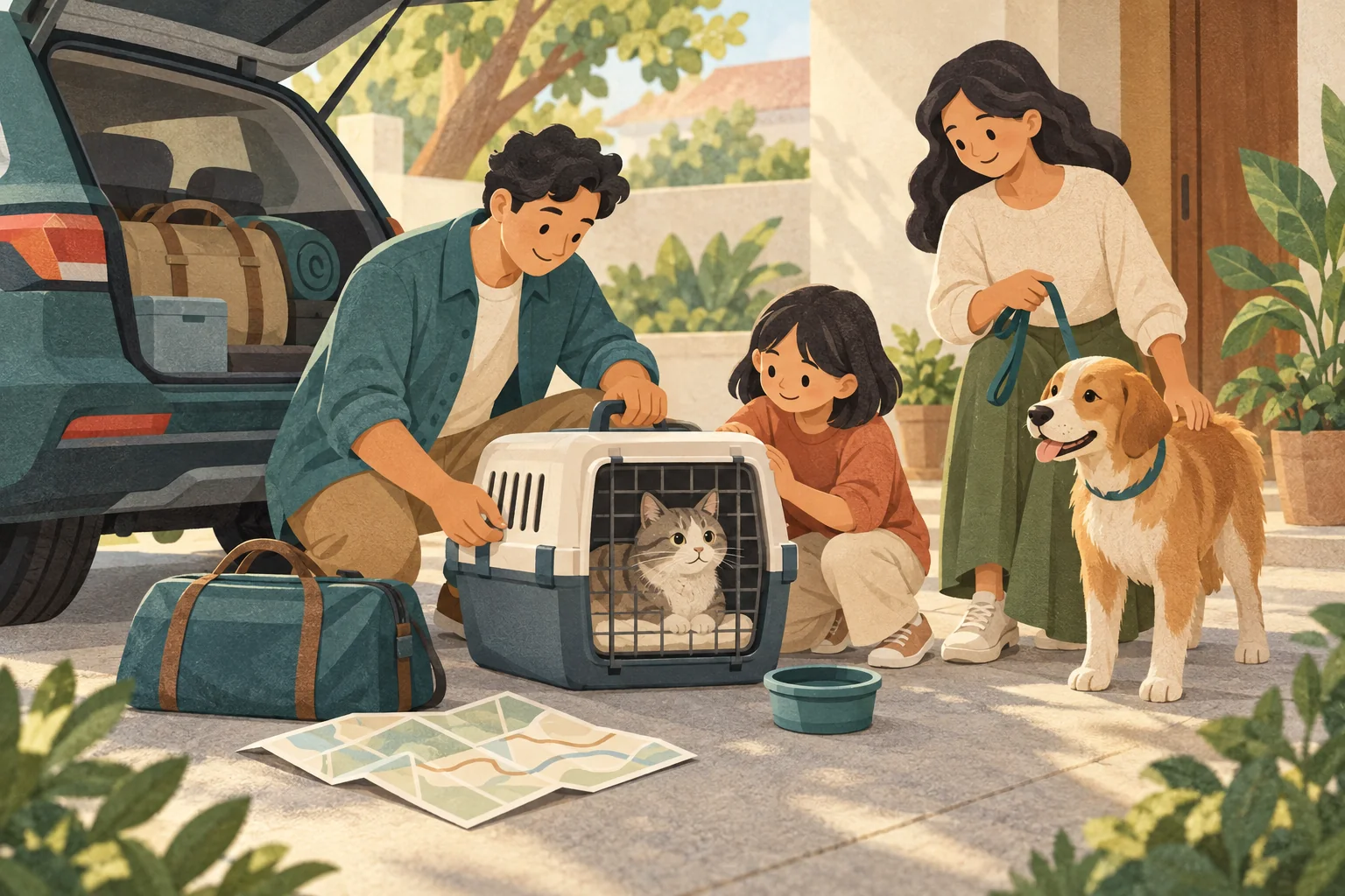 Ilustrasi keluarga menyiapkan perjalanan dengan kucing dalam carrier dan anjing bertali di dekat mobil terparkir.