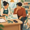 Ilustrasi pemilik berdiskusi dengan petugas tentang peta, waktu laporan, dan checklist demo GPS.
