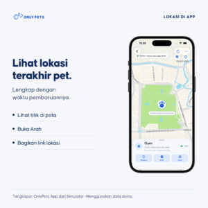 Dashboard GPS OnlyPets App: lokasi terakhir pet dan waktu pembaruan. Screenshot Simulator menggunakan data demo.