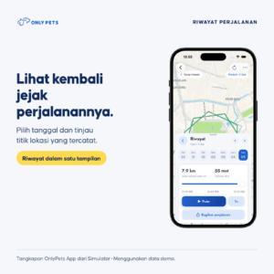 Riwayat GPS OnlyPets App dengan rute dan kontrol replay. Screenshot Simulator menggunakan data demo.