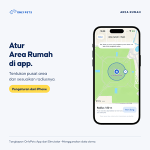 Pengaturan Area Rumah dan radius di OnlyPets App. Screenshot Simulator menggunakan data demo.