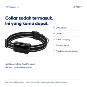 Isi paket: GPS tracker, collar, kabel charging, kartu aktivasi, dan panduan penggunaan. Foto menunjukkan tracker dan collar.