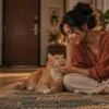 Ilustrasi pawparent menemani kucing di dalam rumah dengan pintu tertutup.