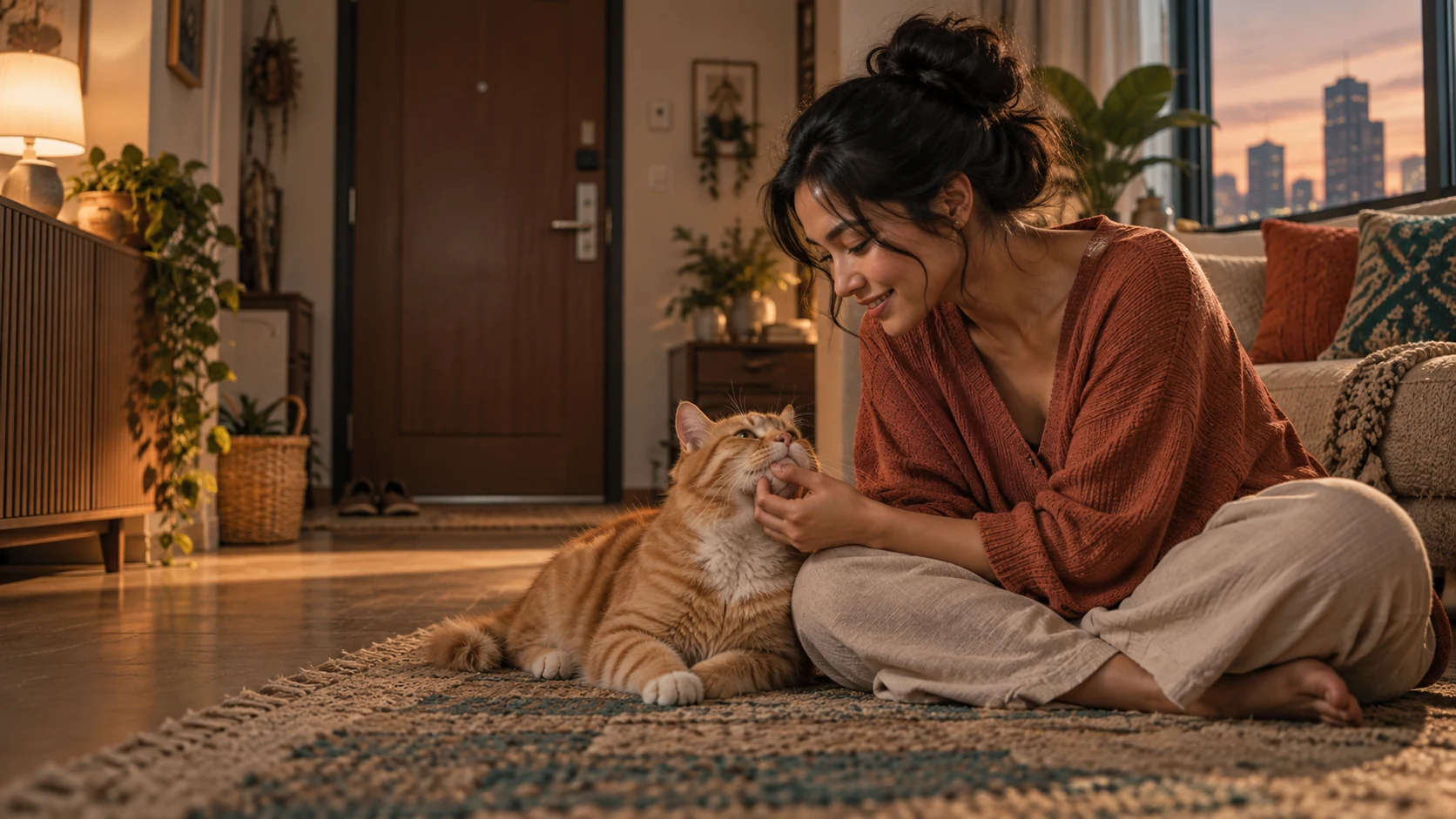 Ilustrasi pawparent menemani kucing di dalam rumah dengan pintu tertutup.