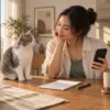 Ilustrasi pawparent menyiapkan rutinitas perawatan sambil ditemani kucing.