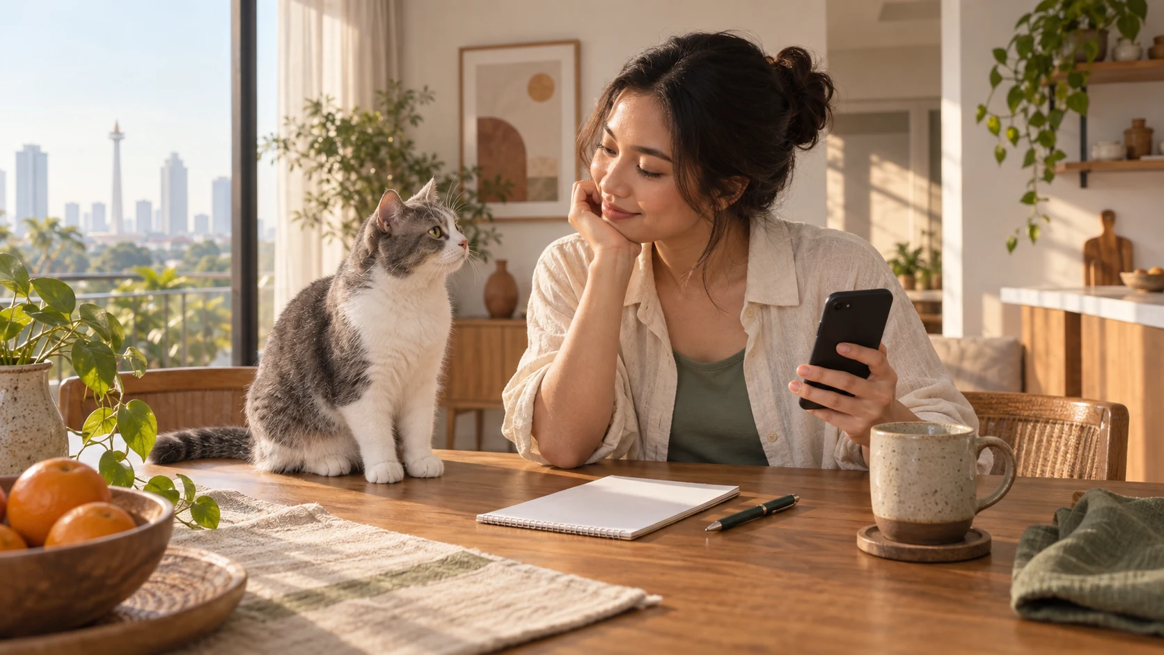 Ilustrasi pawparent menyiapkan rutinitas perawatan sambil ditemani kucing.