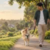 Ilustrasi pawparent dan anjing berjalan bersama memakai harness dan tali tuntun.