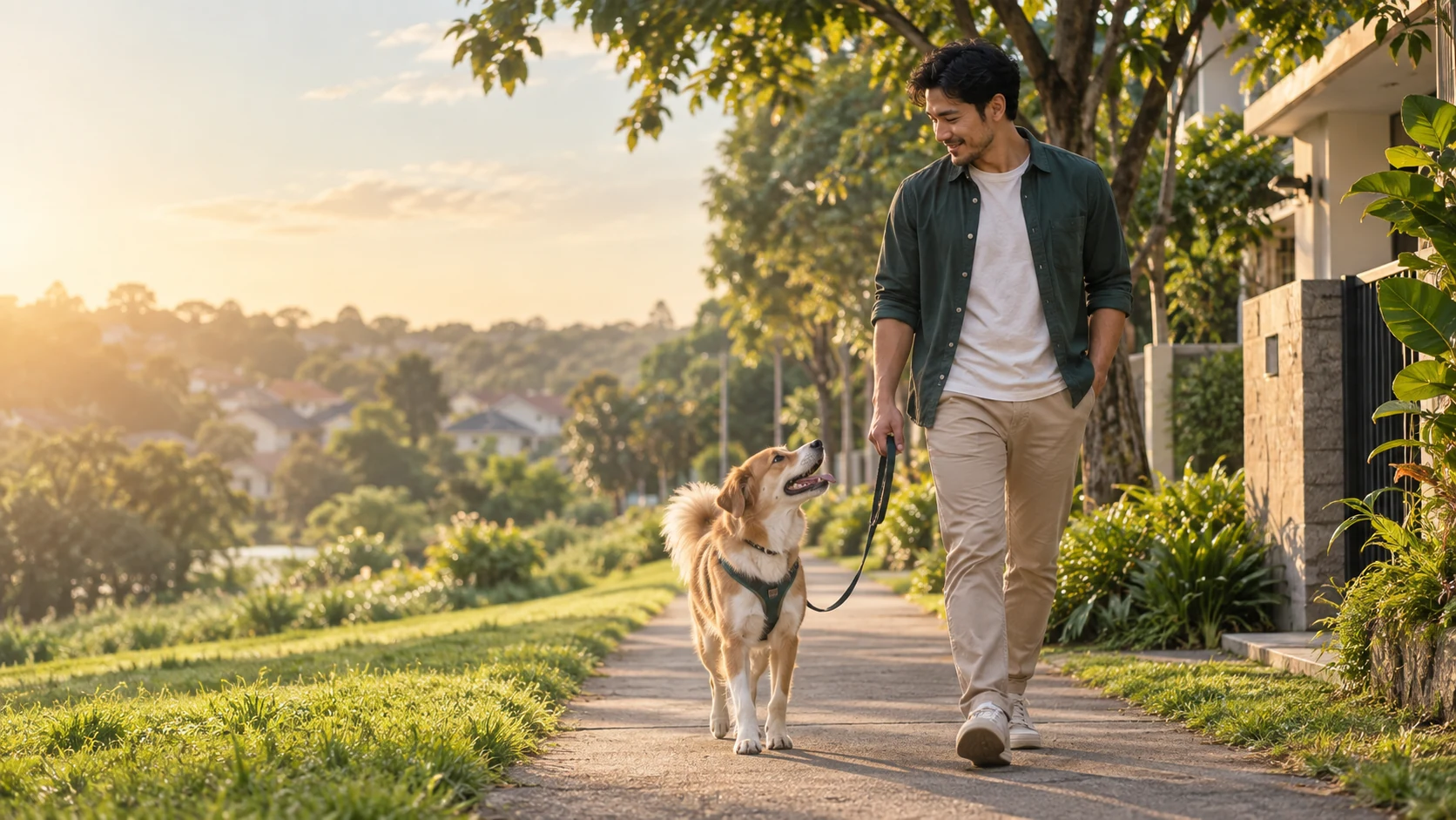 Ilustrasi pawparent dan anjing berjalan bersama memakai harness dan tali tuntun.