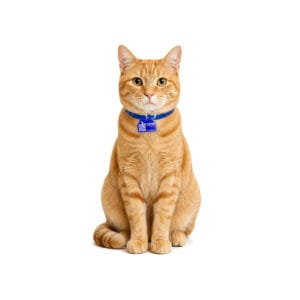 Kucing memakai QR Pet ID Tag biru pada kalung