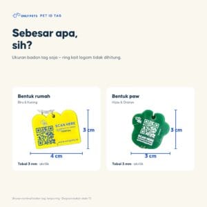 Ukuran badan tag: bentuk rumah 4 x 3 cm, bentuk paw 3 x 3 cm, tebal 3 mm