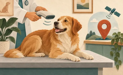 Ilustrasi dokter hewan memindai anjing, dengan simbol lokasi untuk membedakan identitas dan GPS.
