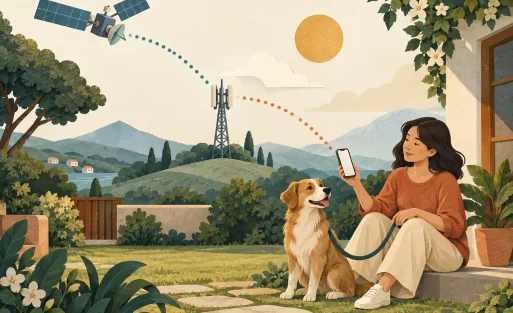 Ilustrasi pemilik dan anjing bertali di taman dengan simbol satelit, menara seluler, dan ponsel.