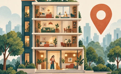 Ilustrasi potongan gedung apartemen bertingkat di samping satu penanda lokasi di peta.