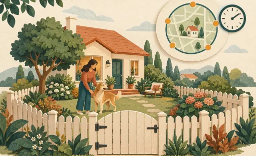 Ilustrasi rumah berpagar dengan pet dalam pengawasan, lingkaran area peta, dan simbol waktu.