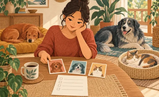 Ilustrasi pemilik mencocokkan kartu identitas tiga pet dengan checklist di rumah.