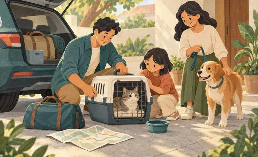 Ilustrasi keluarga menyiapkan perjalanan dengan kucing dalam carrier dan anjing bertali di dekat mobil terparkir.