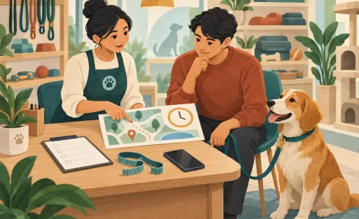 Ilustrasi pemilik berdiskusi dengan petugas tentang peta, waktu laporan, dan checklist demo GPS.