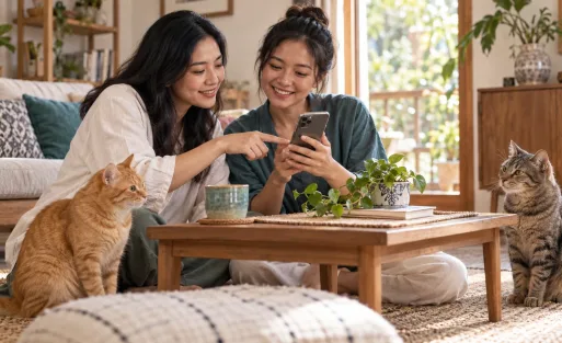 Ilustrasi dua pawparent berbincang tentang perawatan bersama dua kucing.