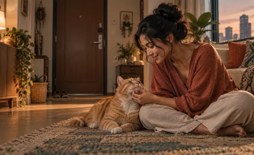 Ilustrasi pawparent menemani kucing di dalam rumah dengan pintu tertutup.
