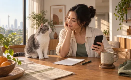Ilustrasi pawparent menyiapkan rutinitas perawatan sambil ditemani kucing.
