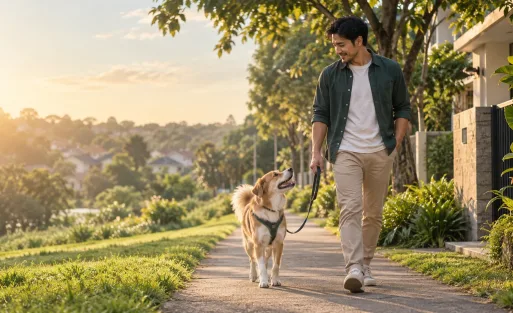 Ilustrasi pawparent dan anjing berjalan bersama memakai harness dan tali tuntun.