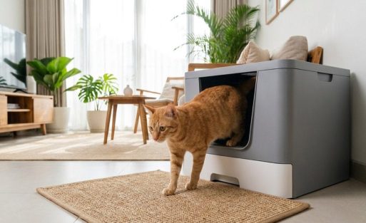 Kucing keluar dari litter box bersih di rumah terang
