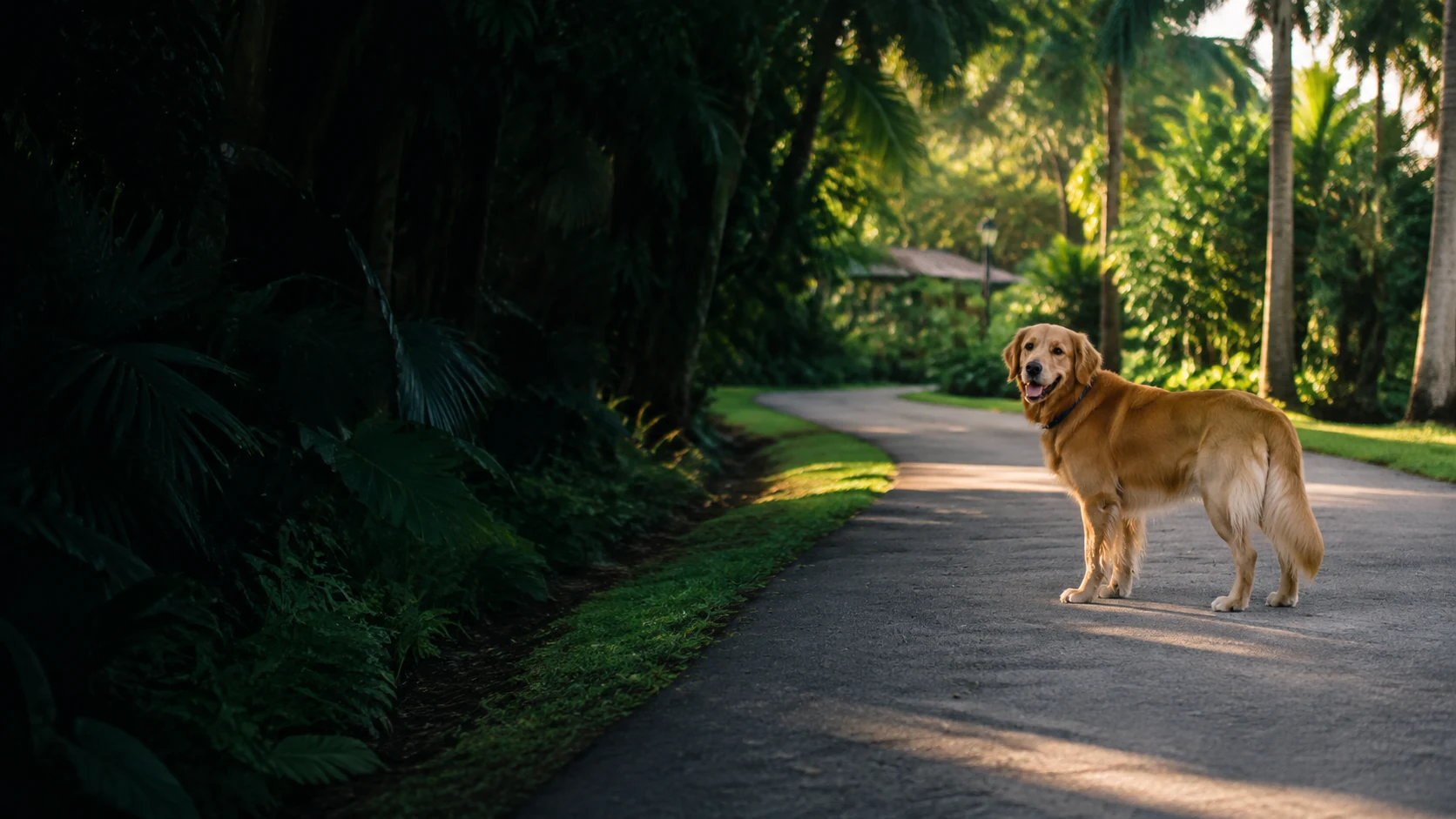 Ilustrasi seekor golden retriever menoleh saat berjalan di taman.